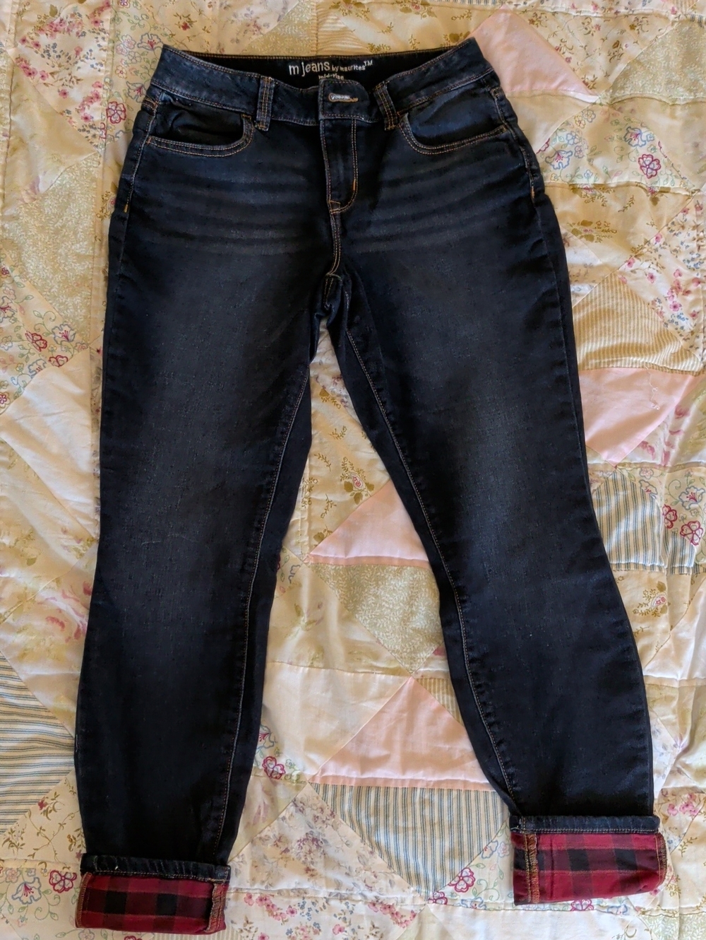 Maurices Dark Blue Boyfriend Jeans with Plaid Cuff